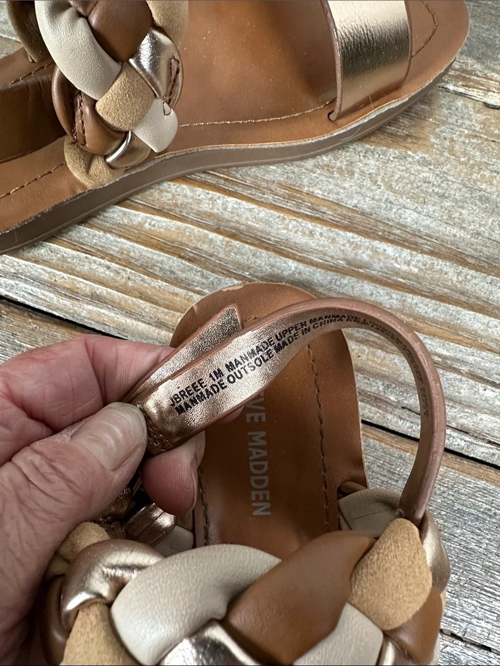 Steve Madden Girls Metallic Rose Gold and Tan Braided Strap Sandals